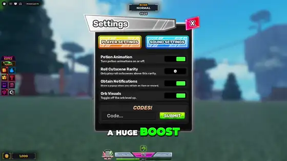 Unscathed RNG potion and code reward setup